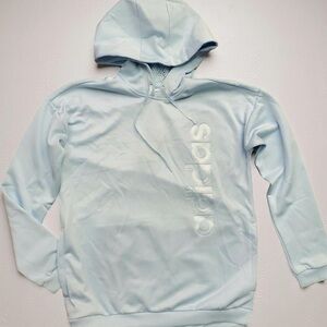 This is an Adidas AEROREADY pullover hoodie in light blue